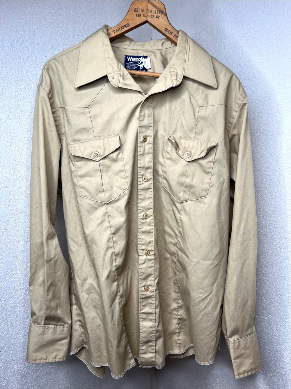 Vintage Wrangler Shirt Mens Sz 17.5 35 Button Down Long Tails Single Stitch USA